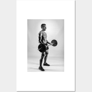 Man doing biceps curl with barbell Posters and Art